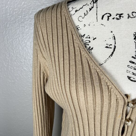 WAYF Beige Ribbed Knit Long-Sleeve V-NECK Button-Up Top Sz L - Picture 3 of 9